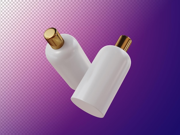 Flying Shampoo Bottles with golden cap on transparent background