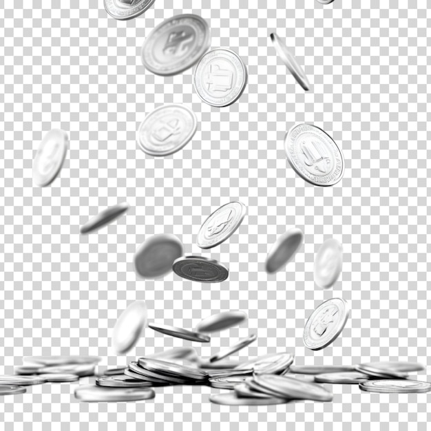 PSD flying silver dollar coins on a white background