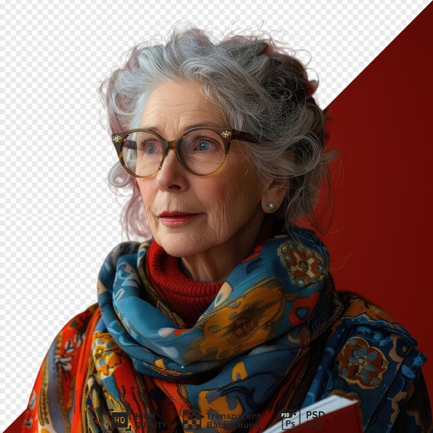 focused aged woman in eyeglasses choosing literature for reading in front of a red wall wearing a colorful scarf and silver earring with gray hair and a large nose and