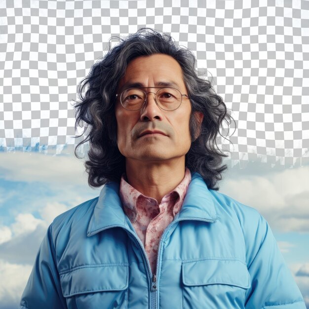 PSD focused east asian middle aged scientist in molecular biologist attire with long hair against pastel sky blue background