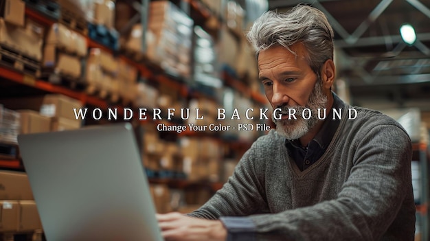 PSD focused senior man working on a laptop in a warehouse