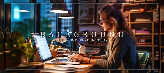 PSD focused woman working on laptop at night