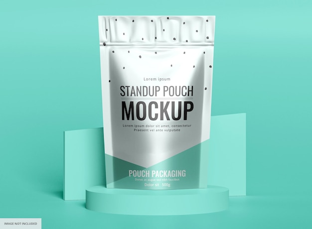 PSD foil standup pouch bag mockup coffee package on teal background