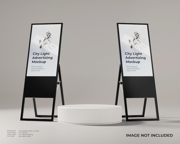 Foldable standing advertising display mockup with podium