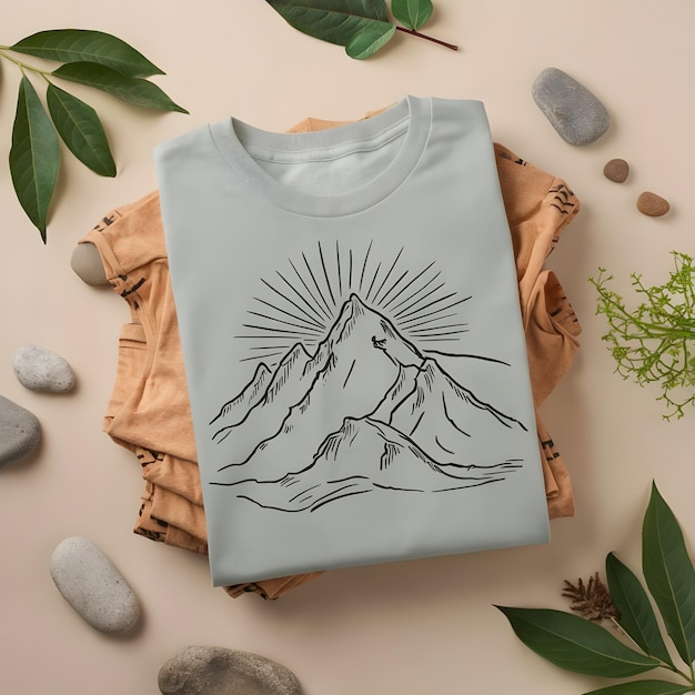 a folded t shirt mockup with stones around