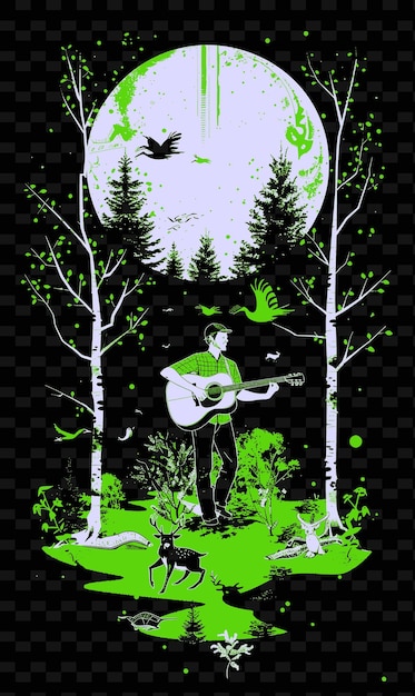 Folk Singer Strumming an Acoustic Guitar in a Forest Clearin Vector Illustration Music Poster Idea