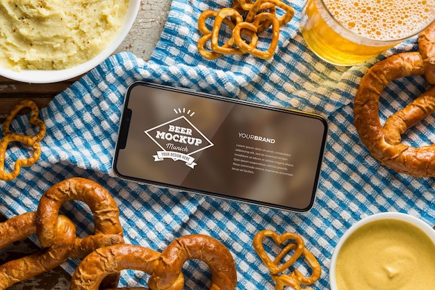 Food and beer with mock-up smartphone screen composition