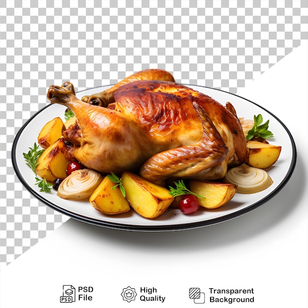 PSD food concept roasted chicken in plate isolated on transparent background include png file