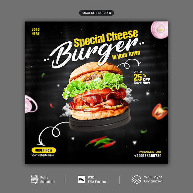 Food menu and Delicious burger social media post promotion square banner psd template with multiuse