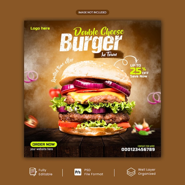 Food menu and Delicious burger social media post promotion square banner psd template with multiuse