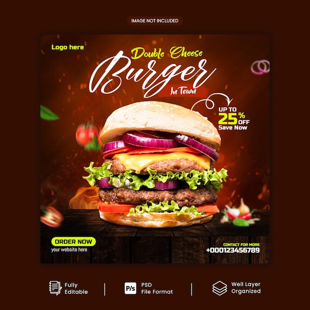 Food menu and Delicious burger social media post promotion square banner psd template with multiuse