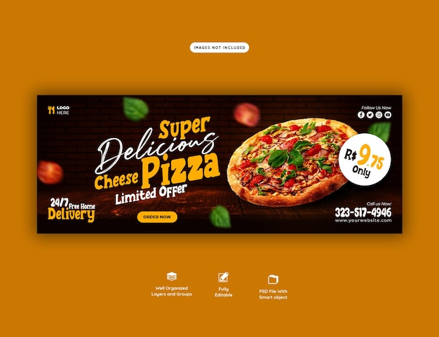 Food menu and delicious pizza facebook cover banner template