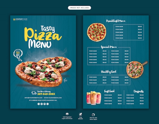 Food menu and delicious pizza flyer template