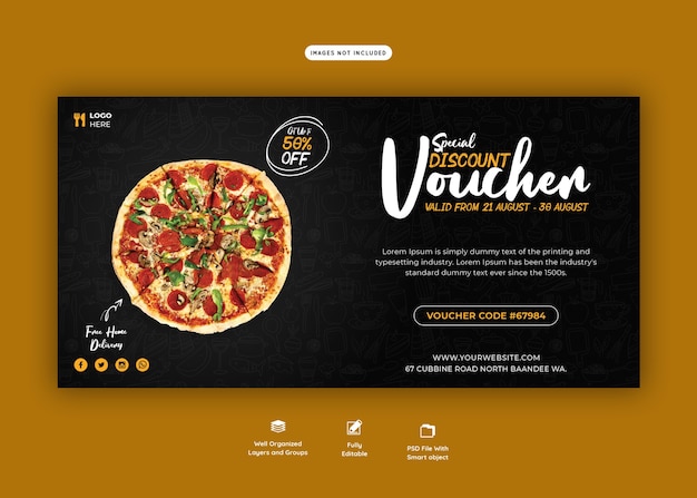 Food menu and delicious pizza gift voucher template