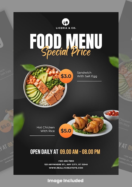 PSD food menu flyer design template