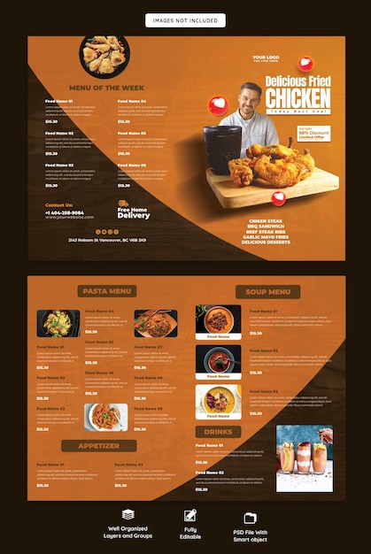 PSD food menu and restaurant bifold brochure template