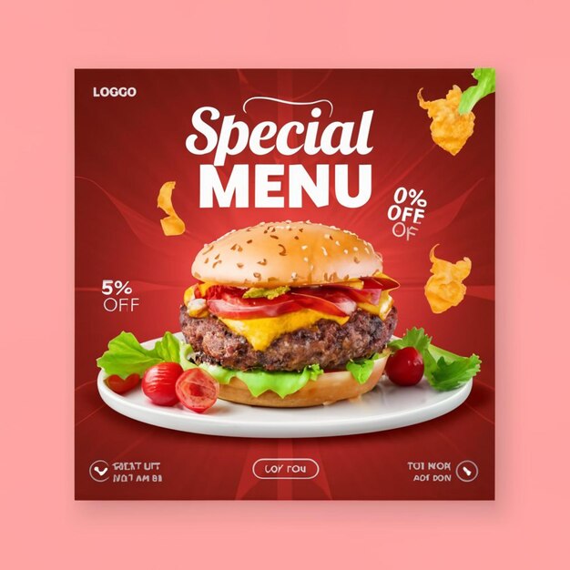 Food menu social media post template and restaurant fastfood burger