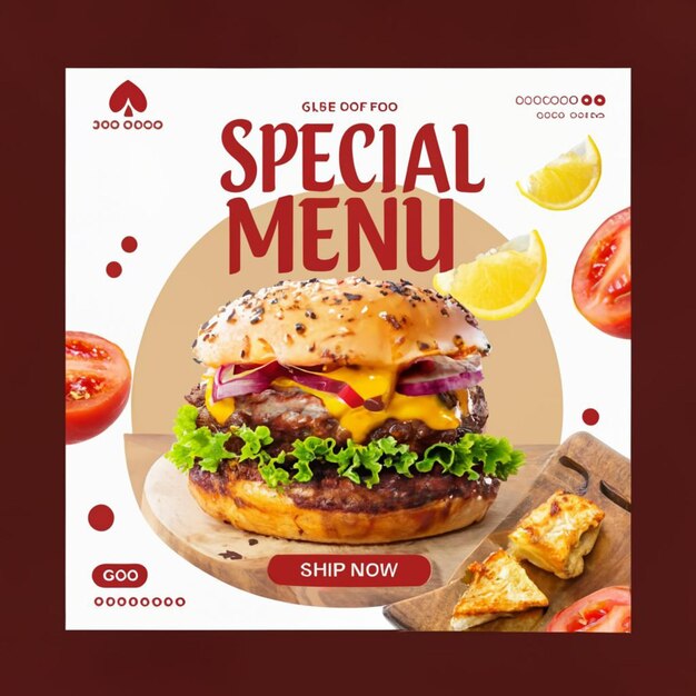 Food menu social media post template and restaurant fastfood burger