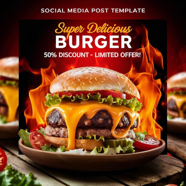 Food menu social media post template and restaurant fastfood burger