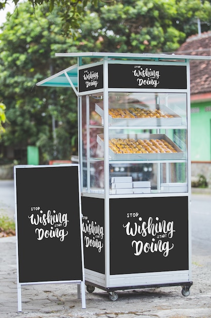 Food stall on the side of ther road. Street food concept mockup