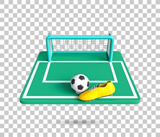 Football goal post, ball, football shoes 3d icon. Realistic soccer ball, goal bar, shoe icon.