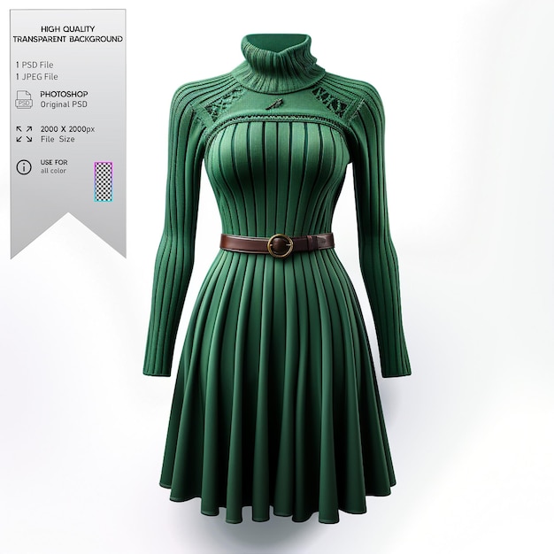 PSD a forest green sweater dress with ribbed detailing and a belt on a transparent background