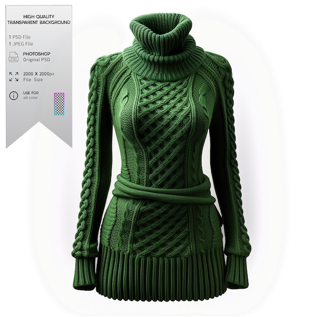 PSD a forest green sweater dress with ribbed detailing and a belt on a transparent background