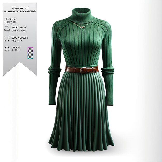 PSD a forest green sweater dress with ribbed detailing and a belt on a transparent background