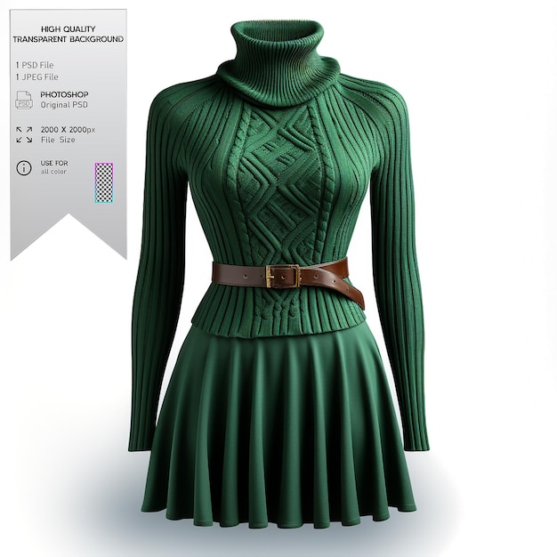 PSD a forest green sweater dress with ribbed detailing and a belt on a transparent background