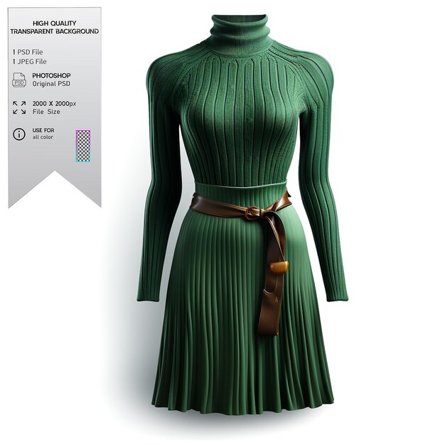 PSD a forest green sweater dress with ribbed detailing and a belt on a transparent background