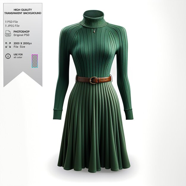 A forest green sweater dress with ribbed detailing and a belt on a transparent background