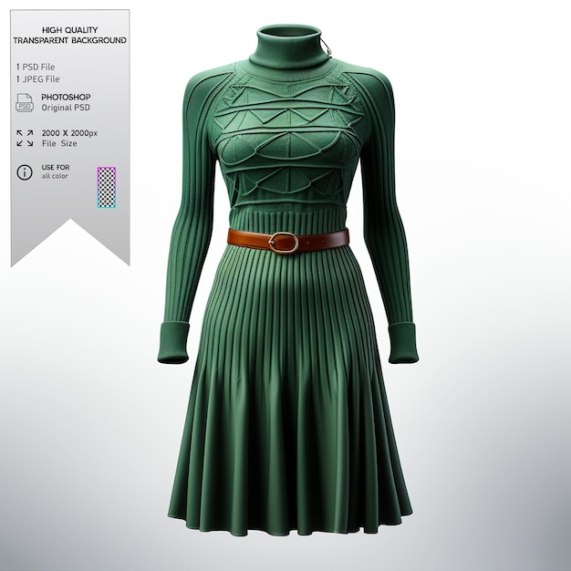 A forest green sweater dress with ribbed detailing and a belt on a transparent background