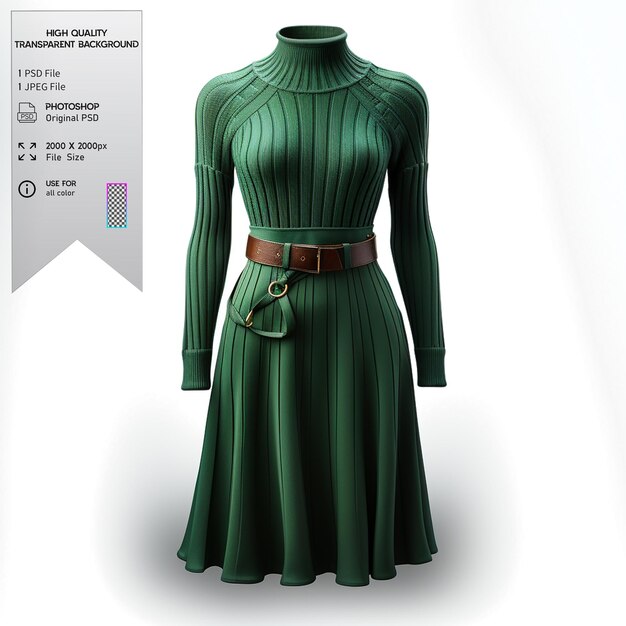 PSD a forest green sweater dress with ribbed detailing and a belt on a transparent background