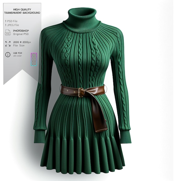 PSD a forest green sweater dress with ribbed detailing and a belt on a transparent background