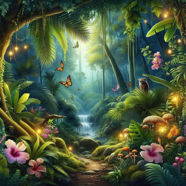 a forest with a waterfall and butterflies and a waterfall