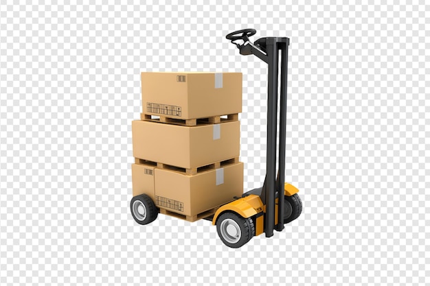 Forklift loaded with cardboard boxes on pallets isolated on transparent background