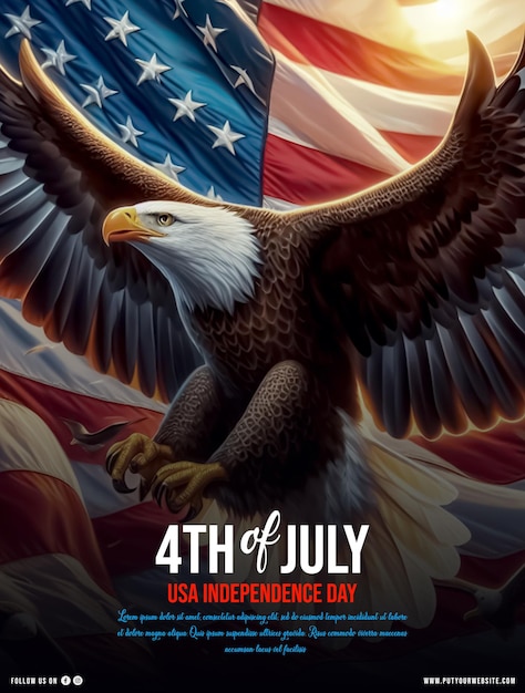 PSD forth of july poster from an american bald eagle soars with a usa flag in the background