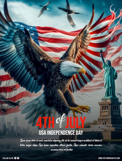 PSD forth of july poster with a background from an american eagle with usa flag and liberty statue