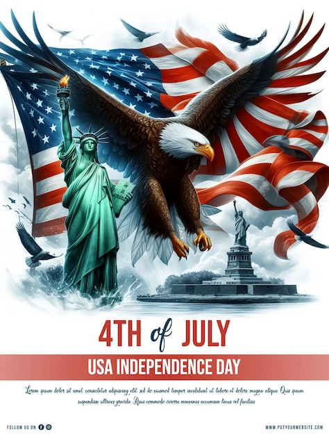 PSD forth of july poster with a background from an american eagle with usa flag and liberty statue