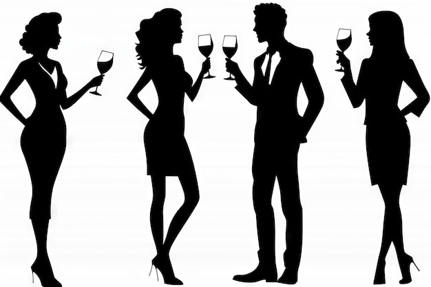 PSD four black silhouettes of women and a man having a glass of wine