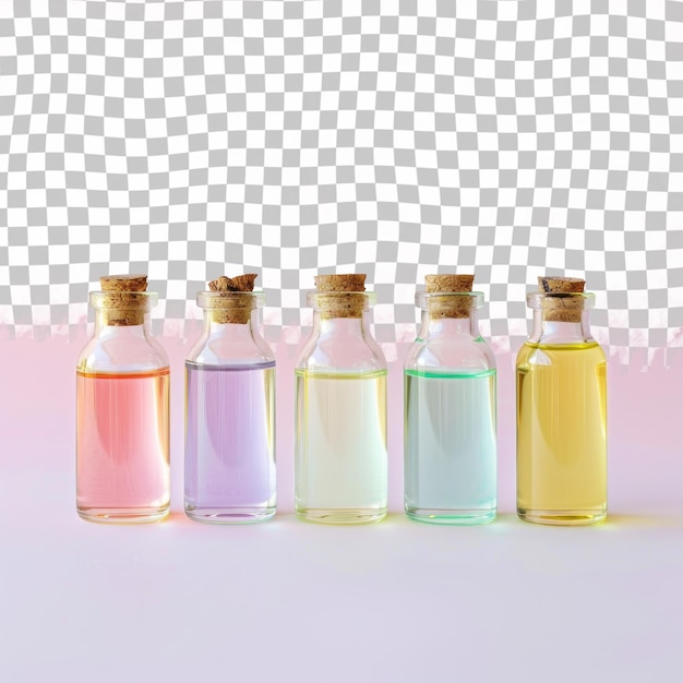 PSD four bottles of different colors are lined up on a table