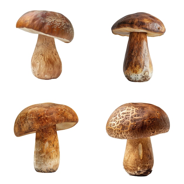 PSD four brown mushrooms with distinctive caps and stems