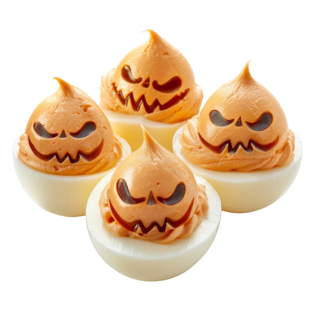 Four Deviled Eggs Decorated as JackOLantern Faces