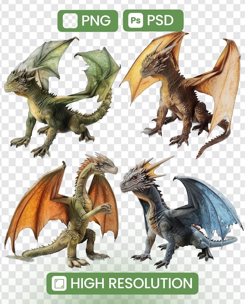 PSD four different colored dragons are shown in a row