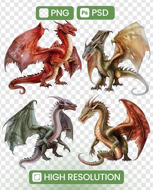 PSD four different colored dragons are shown in a row