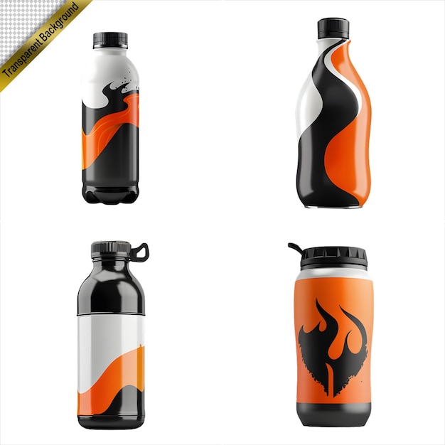 PSD four different colored water bottles with black and orange design