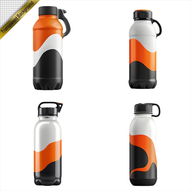 PSD four different colored water bottles with black and orange design