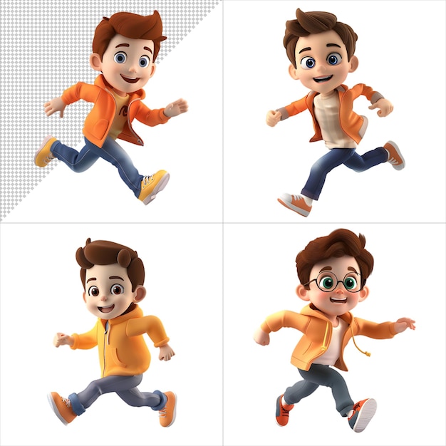 PSD four images of boy in orange jacket and blue jeans