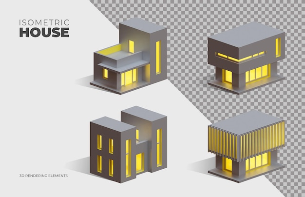 Four Isometric 3D Rendering Isolated Elements of Box Houses