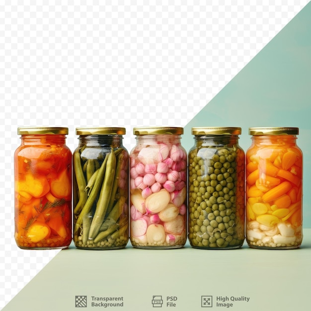 four jars of different vegetables are lined up on a table.